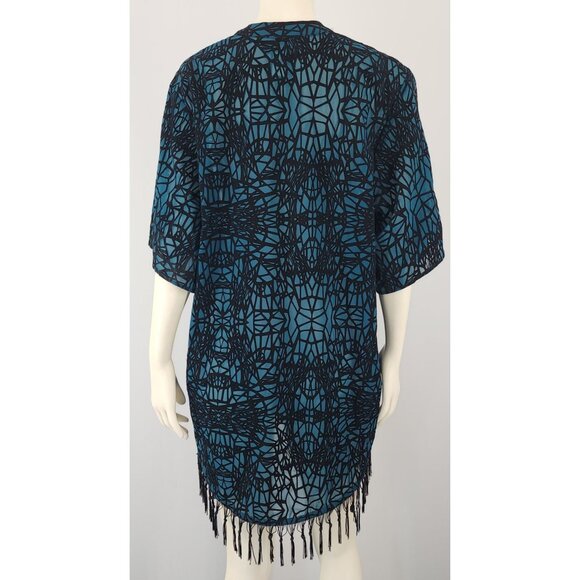 Women's Hot Topic Teal Black Sheer Velvet Fringed Cardigan Kimono Small Geometri - Picture 5 of 7